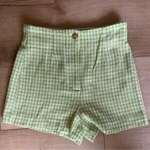 Zara Lime Green & White High-Waist Tweed Shorts Women’s Medium